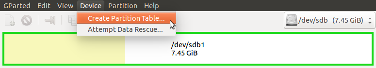 Creating the partition table in GParted