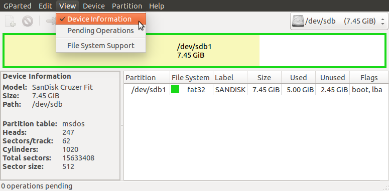Viewing the partition table type in GParted